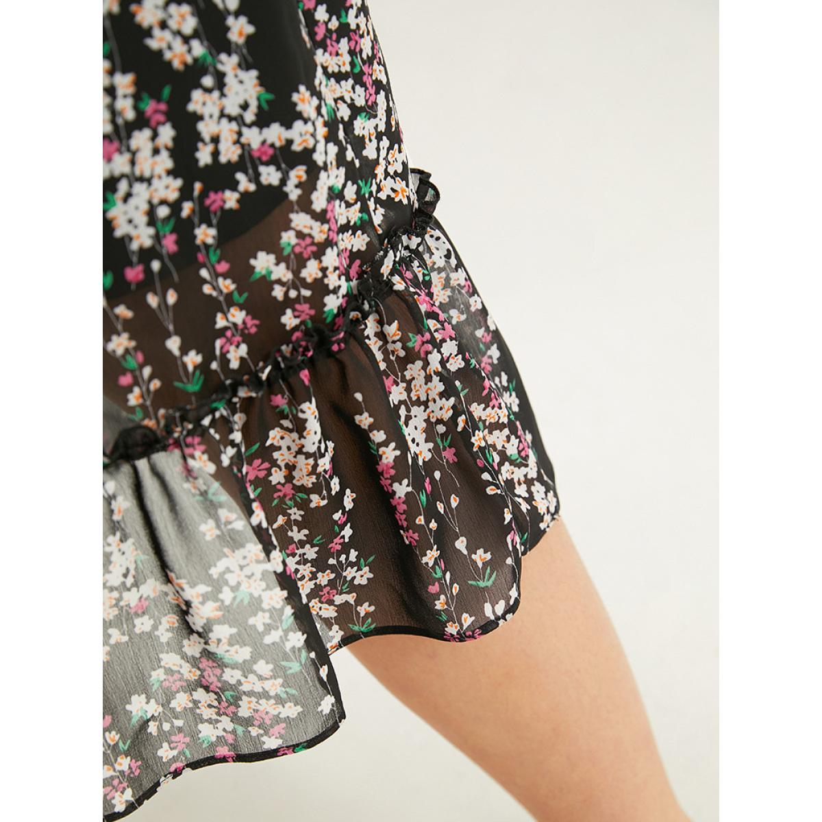 Plus Size Ditsy Floral Chiffon Patchwork Frill Trim Dress Black Women Elegant See through V-neck Long Sleeve Curvy Midi Dress BloomChic 14-16/1X Product Image