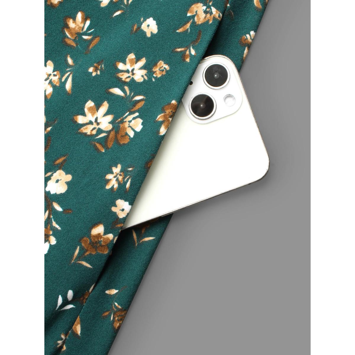 Plus Size Ditsy Floral Chest Drawstring Midi Dress DarkGreen Women Elegant Drawstring Knit Dresses Bloomchic 30/6X Product Image