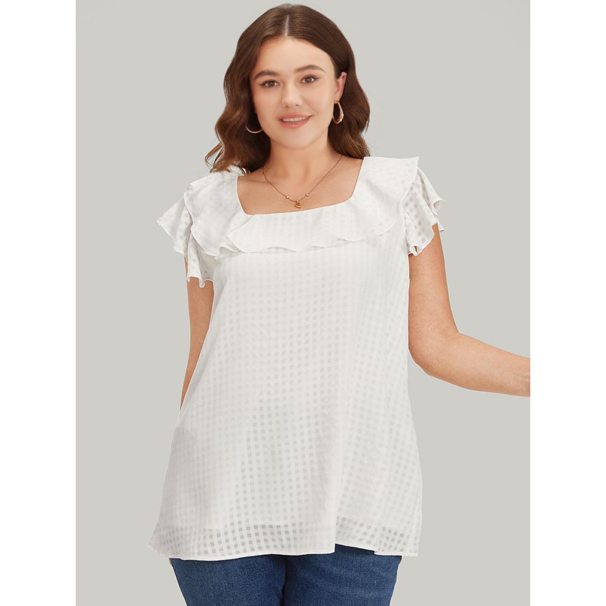 Plus Size Ivory Gingham Flutter Cap Sleeve Tiered Blouse Women Elegant Cap Sleeve Square Neck Dailywear Blouses BloomChic 30/6X Product Image