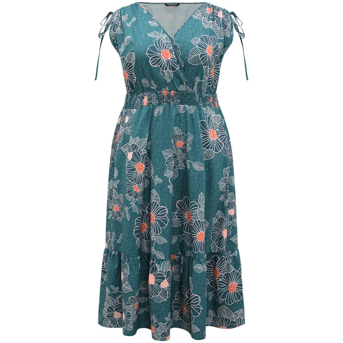 Plus Size Floral Print Shirred Overlap Collar Drawstring Dress Teal Women Vacation Printed V-neck Short sleeve Curvy Midi Dress BloomChic 28/5X Product Image