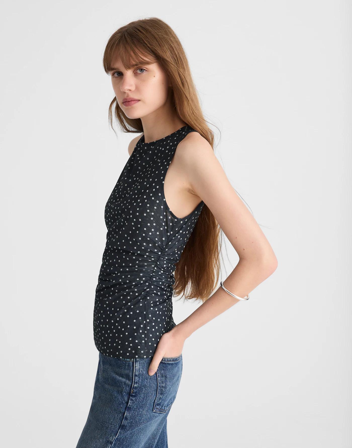 Ruched Mesh Top in Polka Dot Product Image