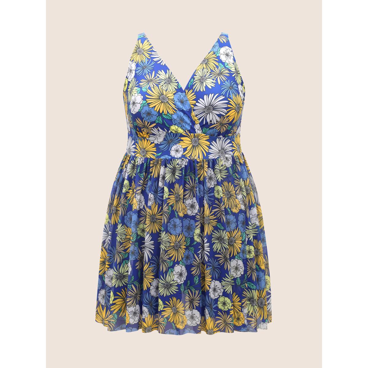 Plus Size Overlap Collar Floral Mesh Split Side Swim Dress Women's Swimwear Indigo Beach Bodycon Overlap Collar High stretch Curve Swim Dresses BloomChic 18-20/2X Product Image