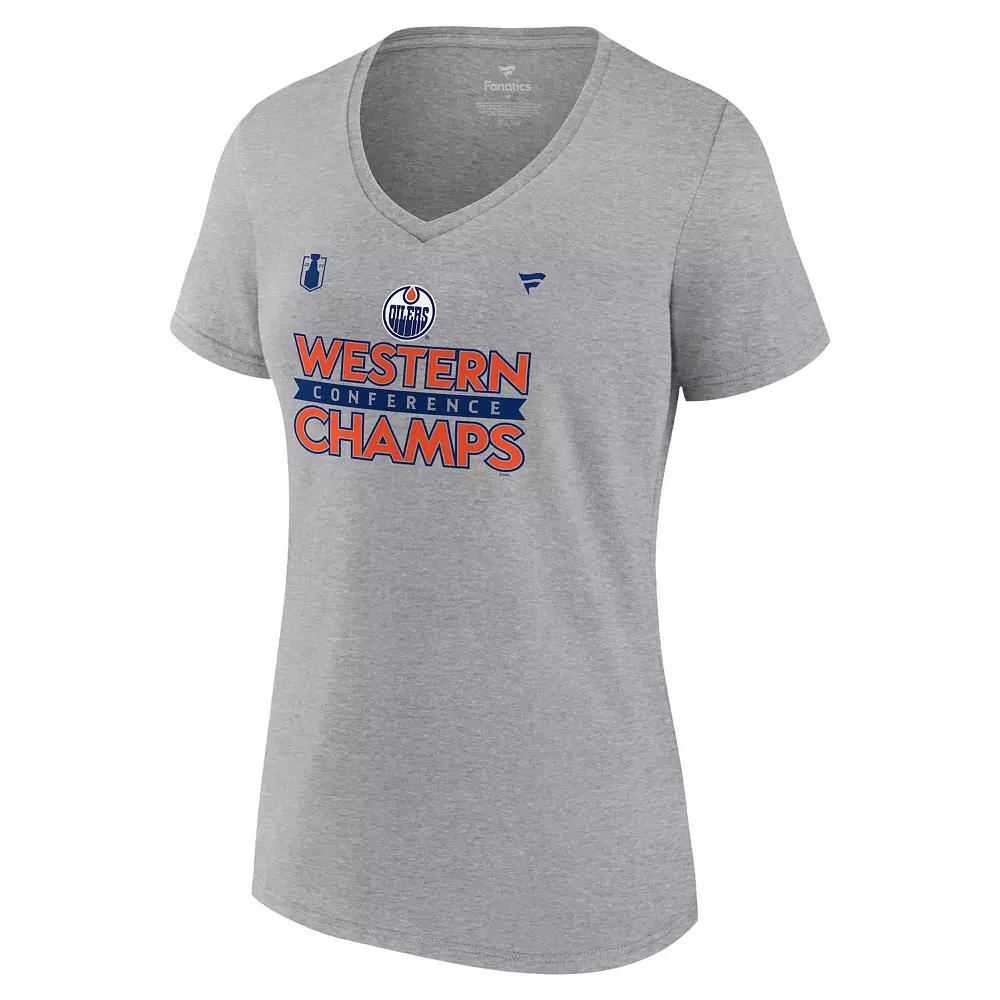 Women's Fanatics NHL Edmonton Oilers 2024 Conference Finals Locker Room V-Neck Tee, Size: Medium, Oil Gray Product Image