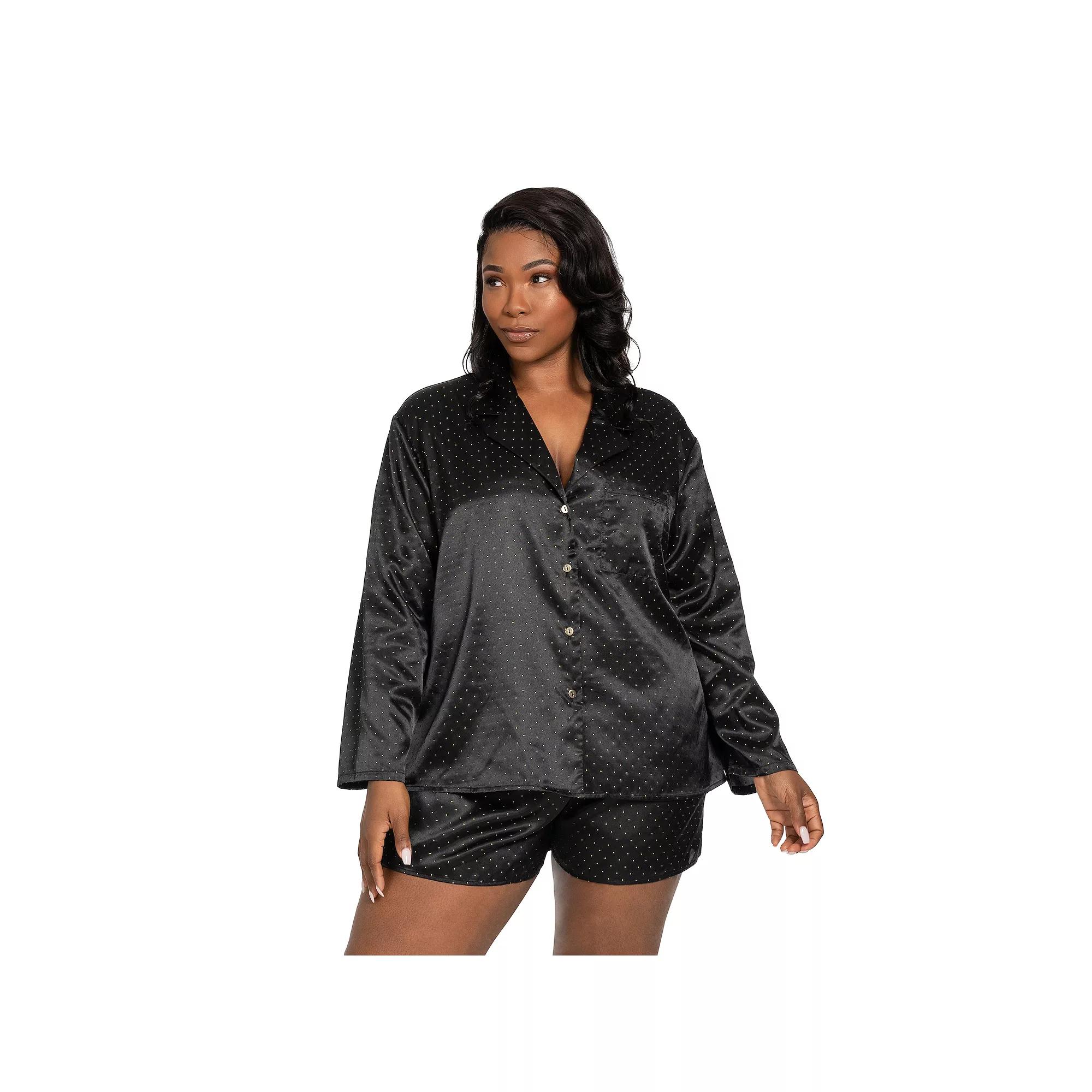 Plus Size Lilac+London Satin Button-Down Pajama Top & Pajama Shorts Set, Women's, Size: 1XL, Mineral Black Product Image