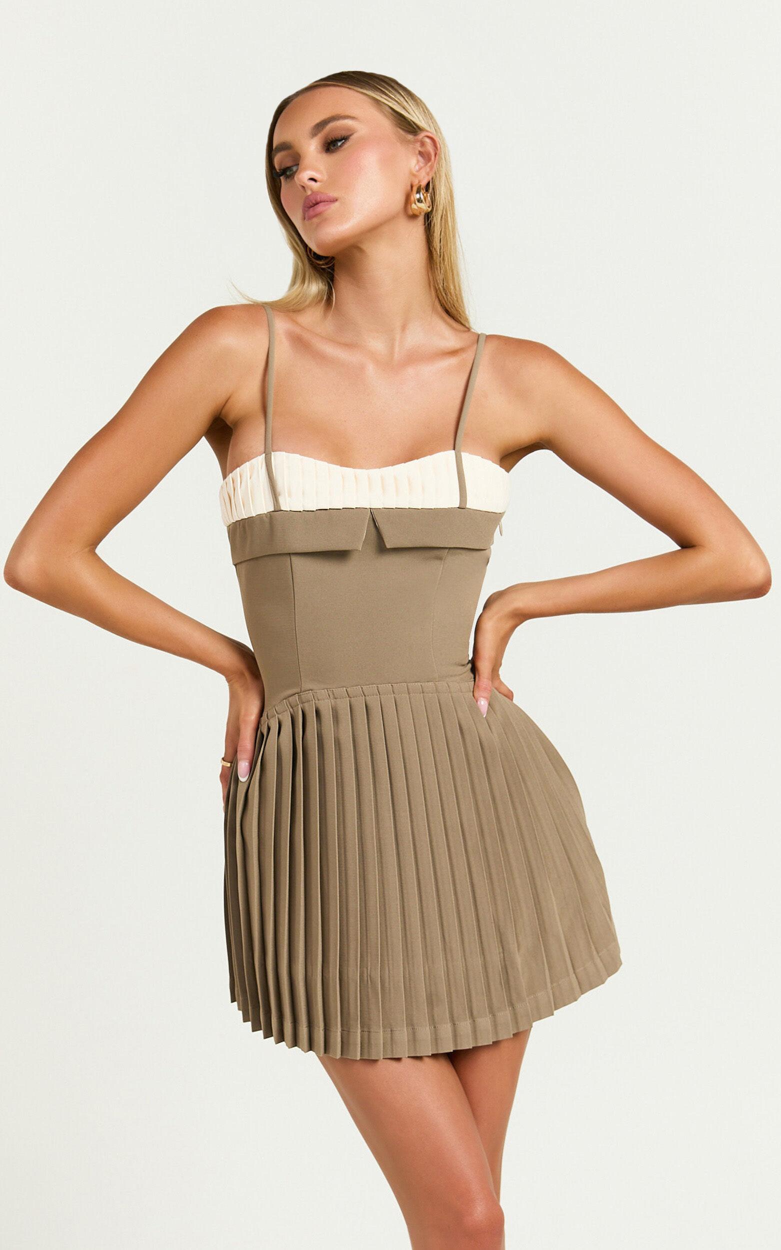 Aaron Mini Dress - Strappy Fit And Flare Pleat Skirt Dress in Light Brown Product Image