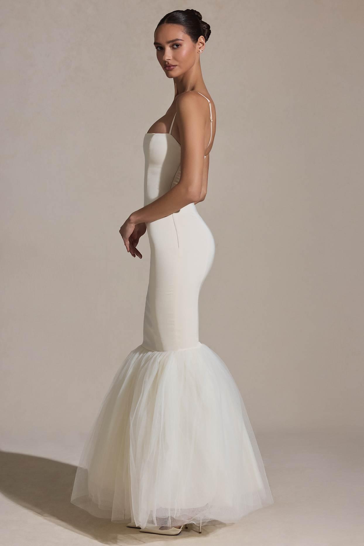 Tulle Hem Fishtail Gown in Ivory Product Image