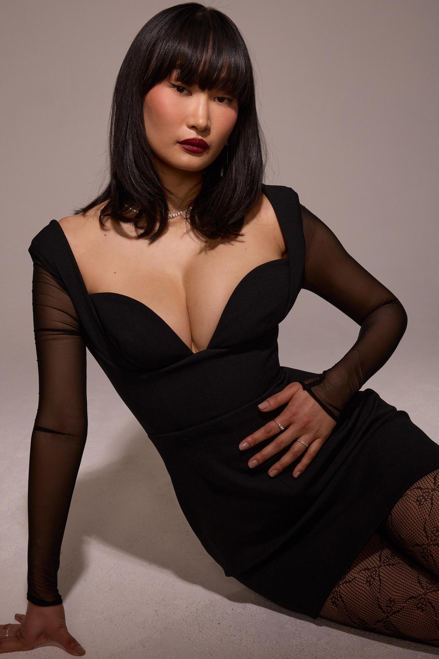 Angelie  black stretch crepe plunge mini dress Product Image
