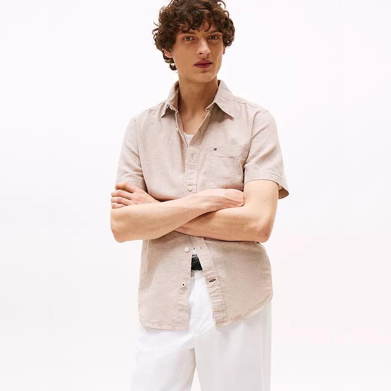 Men's Tommy Hilfiger Short Sleeve Solid Shirt, Size: Medium, Beige Product Image