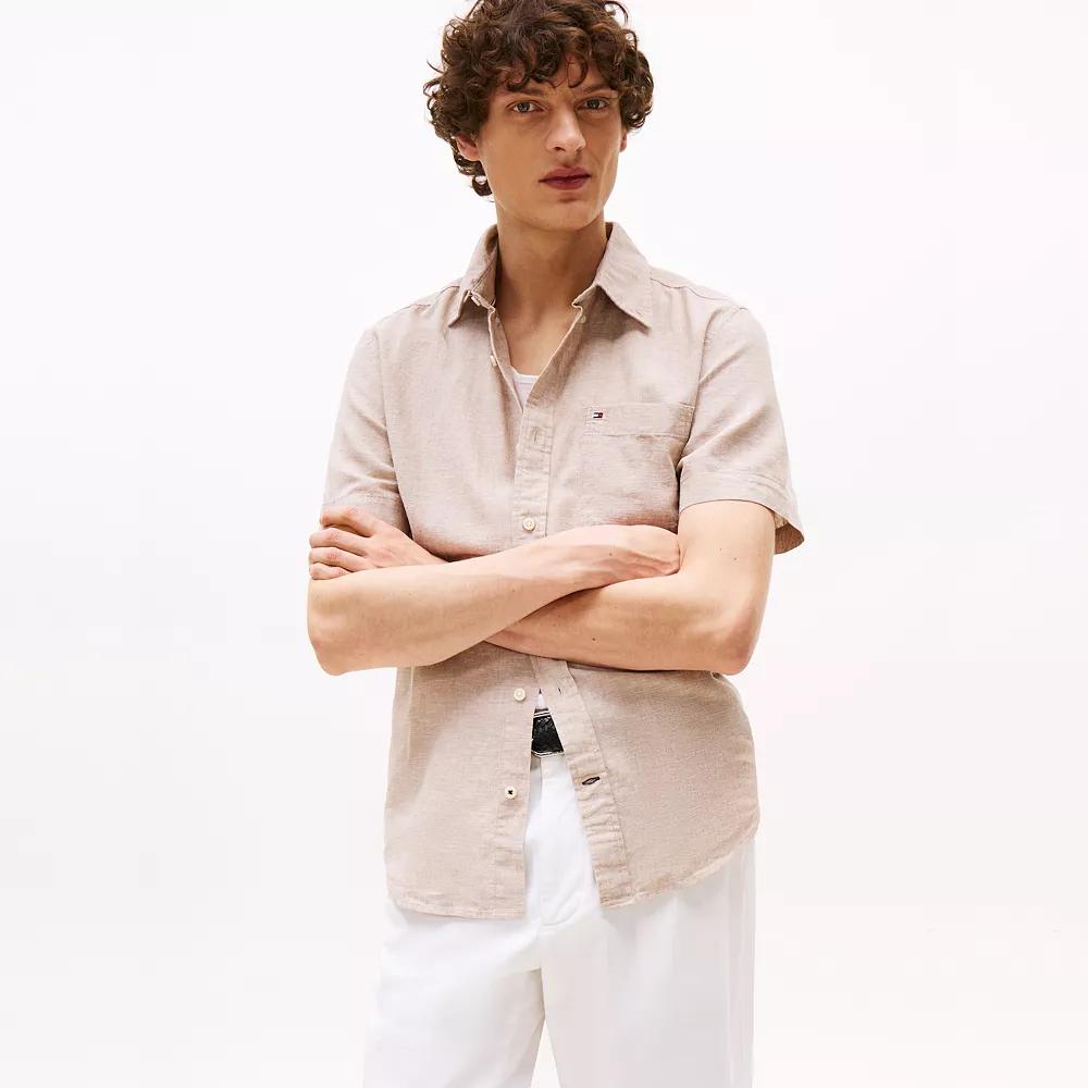 Men's Tommy Hilfiger Short Sleeve Solid Shirt, Size: Medium, Beige Product Image