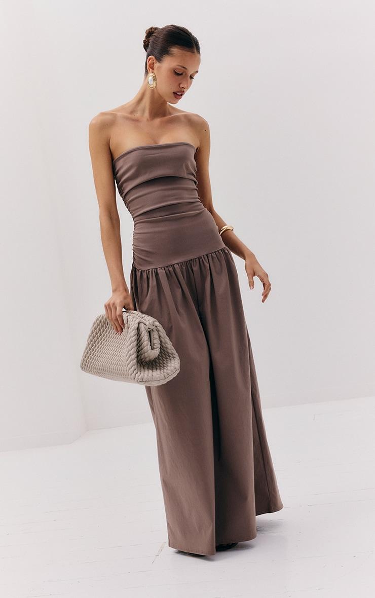 Taupe Stretch Woven Bandeau Ruched Maxi Dress Product Image