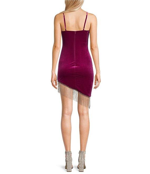 City Vibe Velvet Fringe Asymmetrical Hem Bodycon Dress Product Image