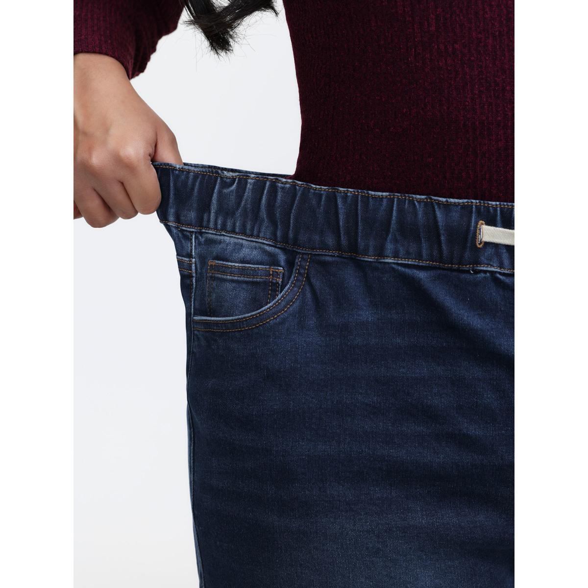 Plus Size Stretchy Waist Drawstring Wide-Leg Jeans Women Midblue Leisure Medium stretch Slanted pocket Jeans BloomChic 26/4X Product Image