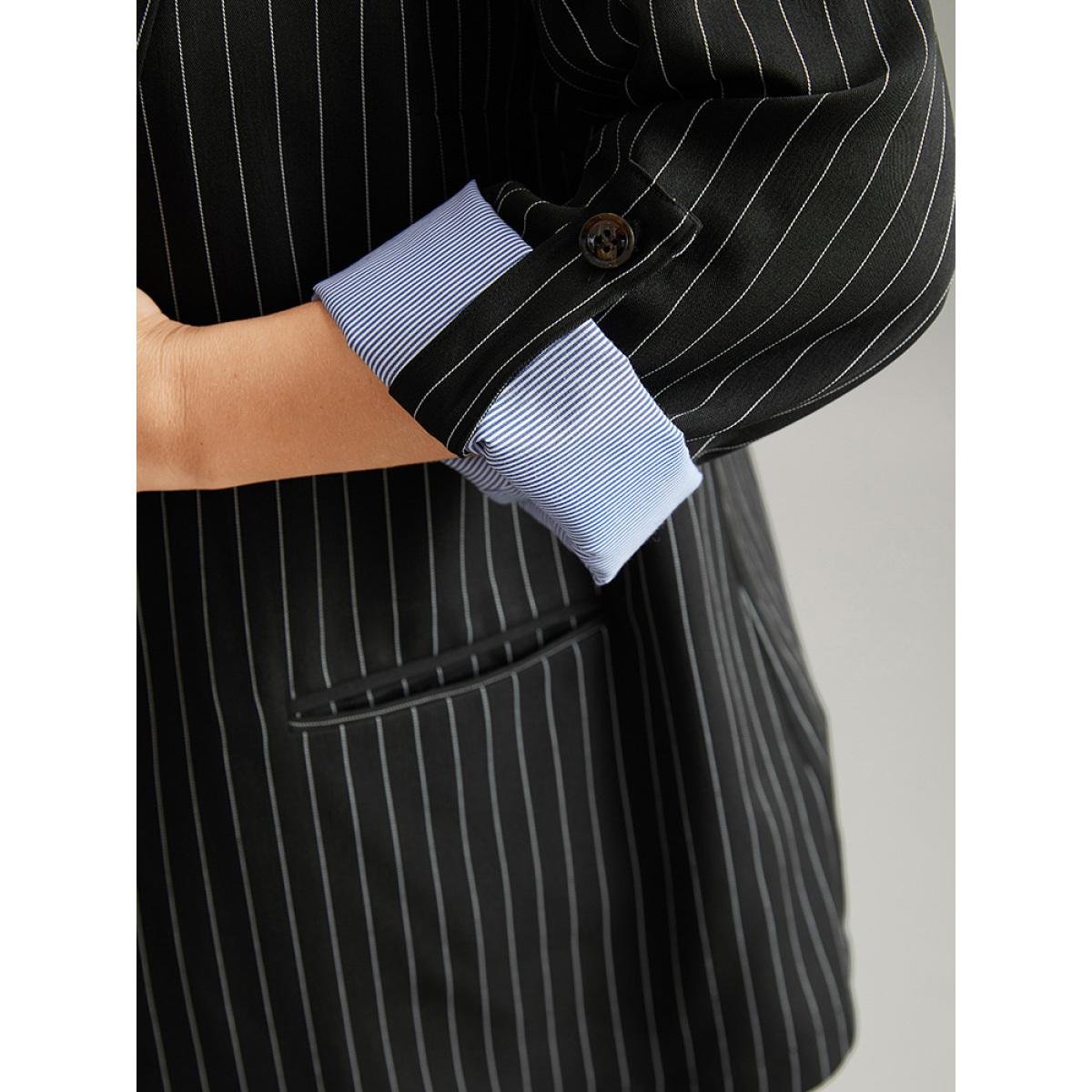 Plus Size Suit Collar Striped Contrast Blazer Black Women Dailywear Striped Contrast Sleeve Long Sleeve Suit Collar 10/M Pocket Casual Blazers BloomChic Product Image