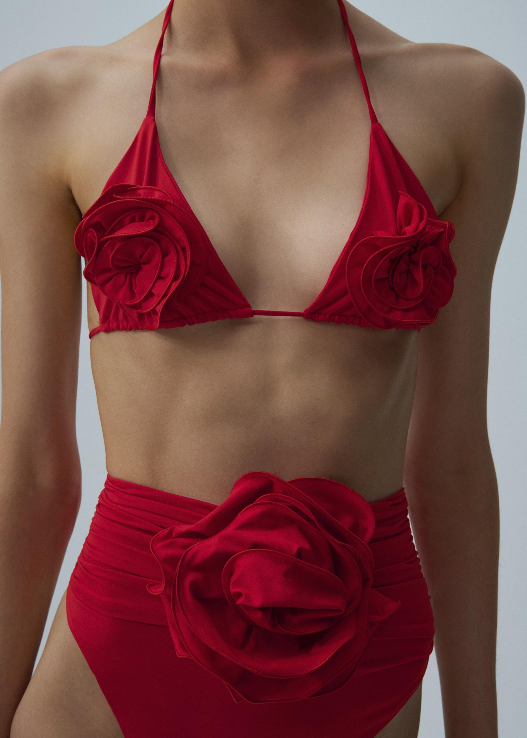 Floral strappy triangle bikini top in red Product Image