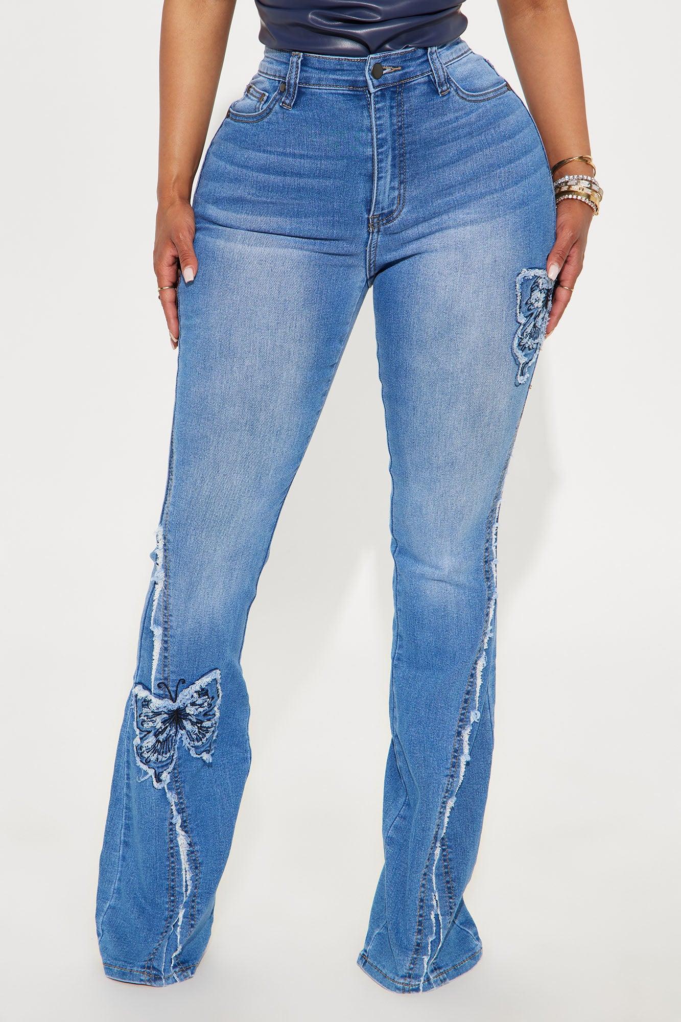 Fluttering Butterfly Embroidered Flare Jeans - Medium Wash Female Product Image