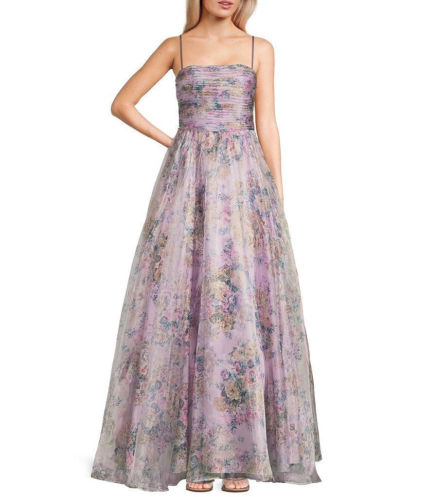 City Vibe Floral Print Square Neck Sleeveless Back Sash Tie Ballgown Product Image