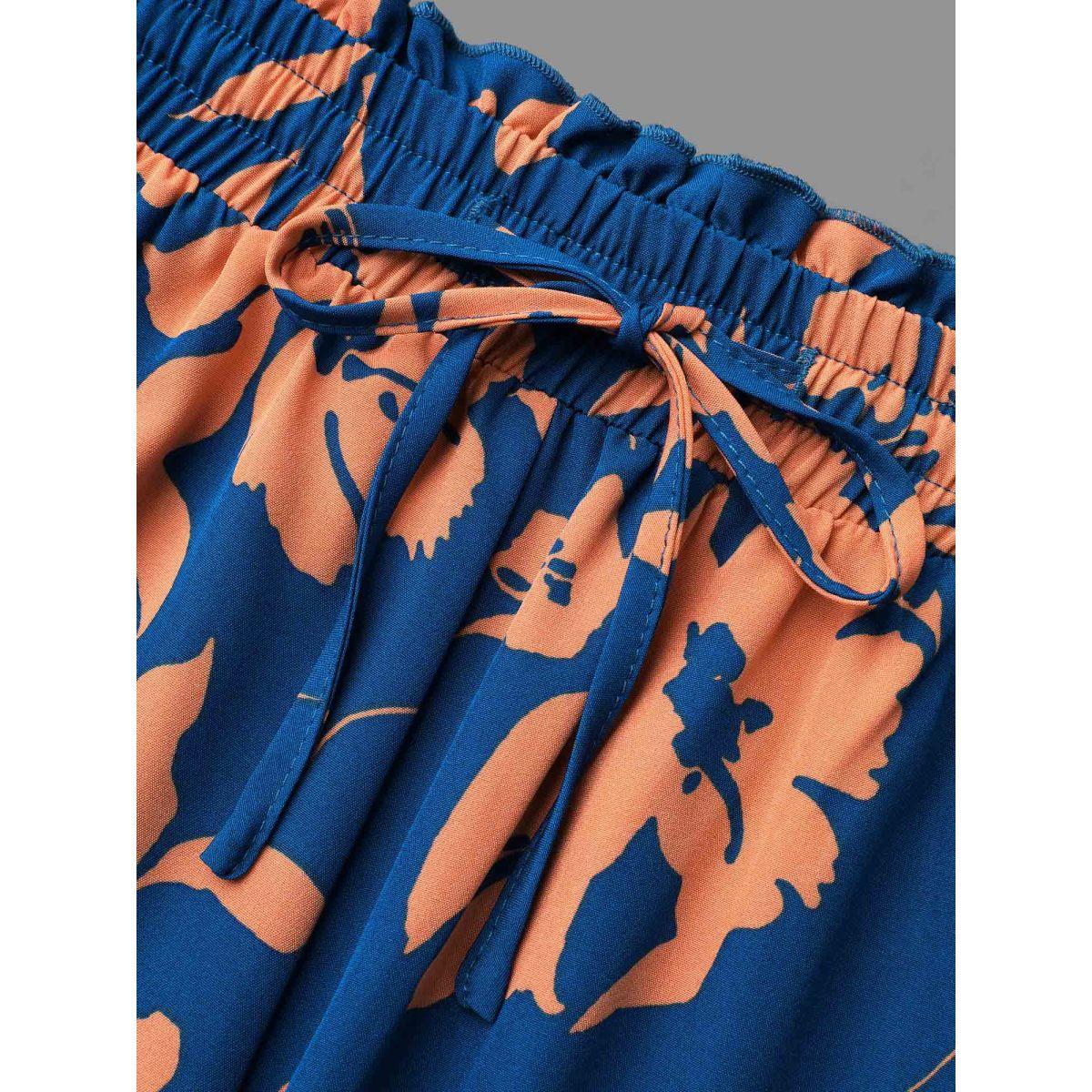 Plus Size Floral Smocked Waist Flared Leg Pants Women DarkBlue Elegant Wide Leg Mid Rise Everyday Pants BloomChic 30/6X Product Image