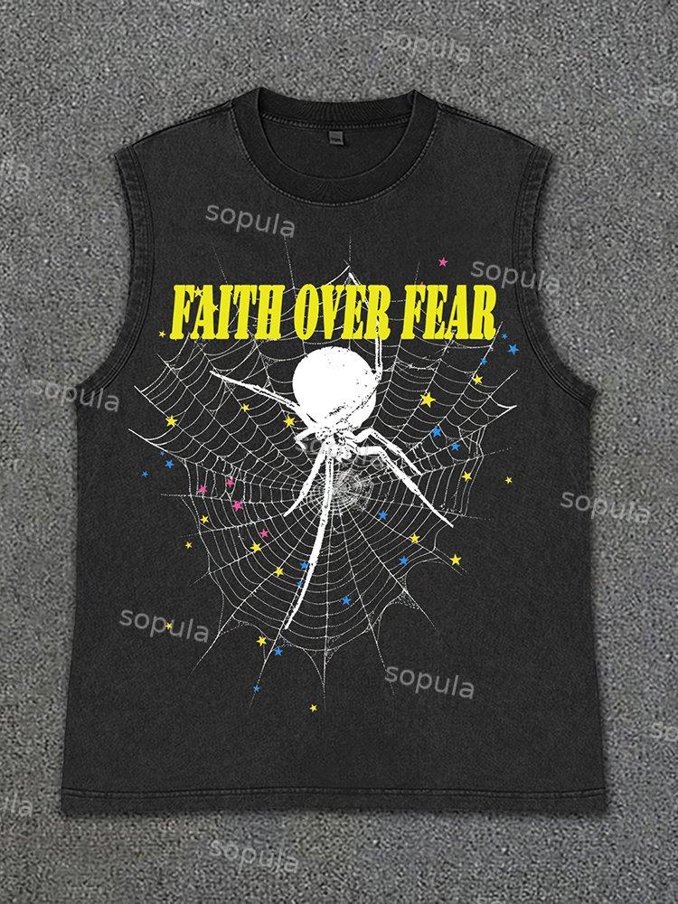 Men's Vintage Wash Faith Over Fear Print Spider Graphics Sleeveless Tank Top Product Image