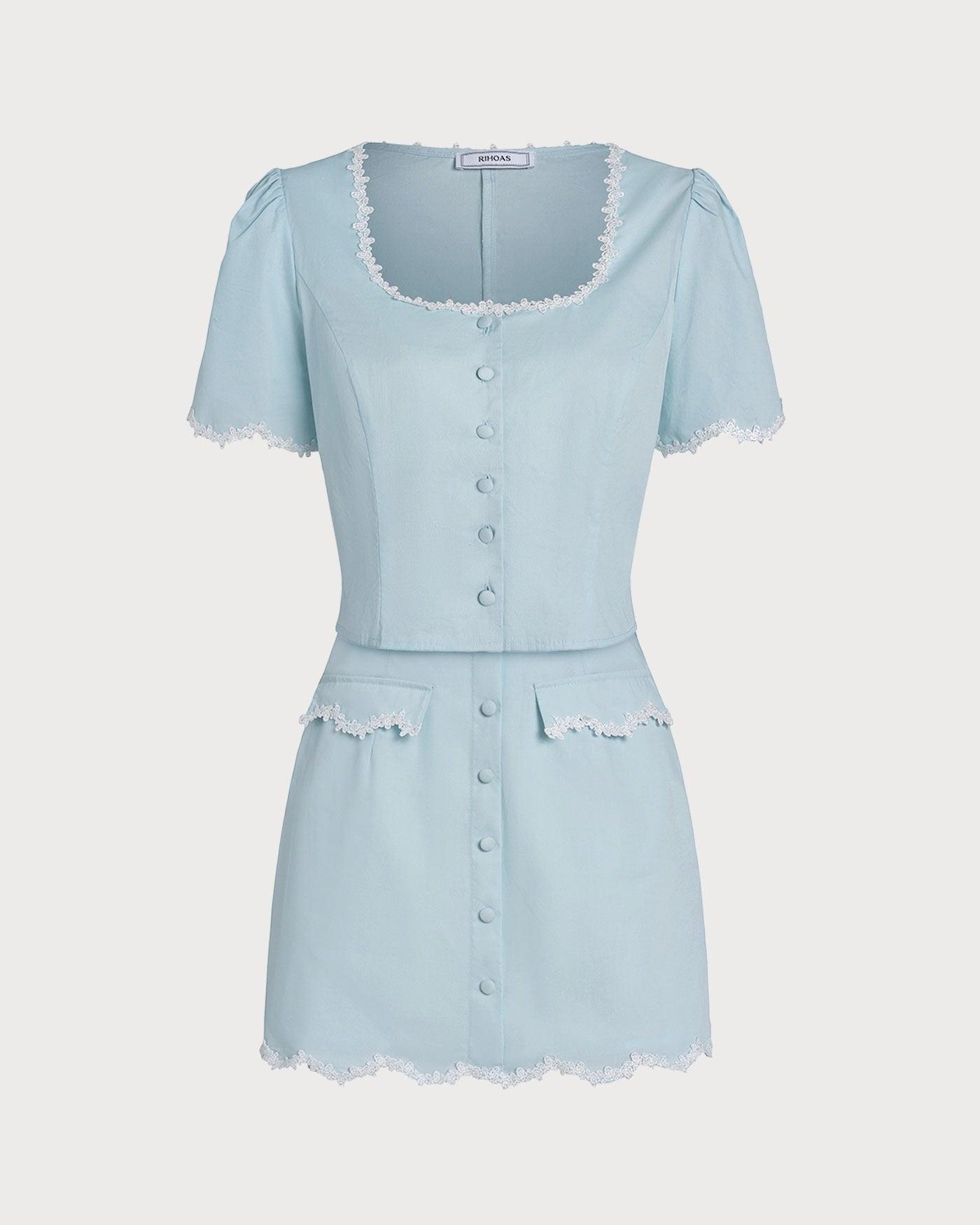 Light Blue Lace Button Square Neck Shirt Product Image