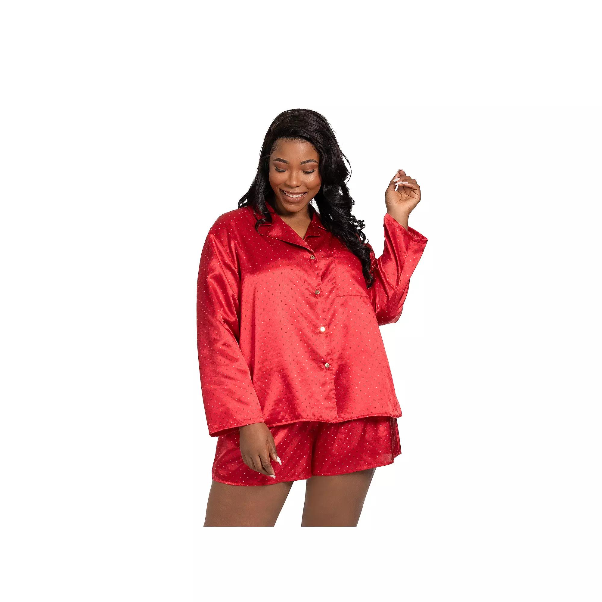 Plus Size Lilac+London Satin Button-Down Pajama Top & Pajama Shorts Set, Women's, Size: 1XL, Mineral Black Product Image