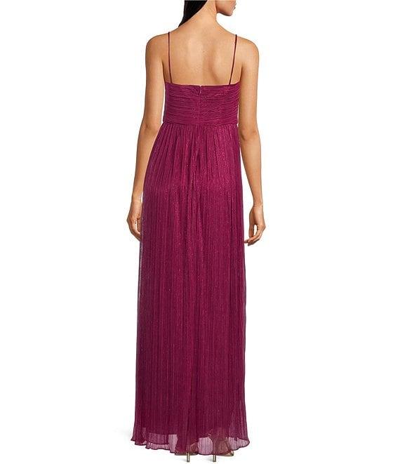 Alex Evenings Shimmer Sleeveless Spaghetti Strap Sweetheart Neck Front Slit Pleated Gown Product Image