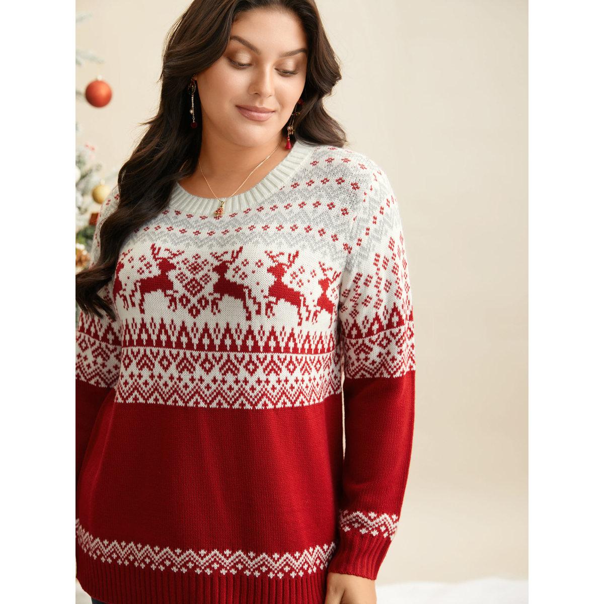 Plus Size Supersoft Essentials Reindeer Print Round Neck Pullover Scarlet Women Elegant Loose Long Sleeve Round Neck Everyday Pullovers BloomChic 30/6X Product Image