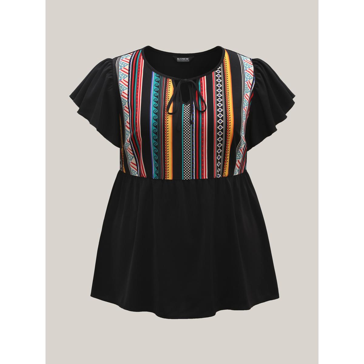 Plus Size Black Multi-Color Striped Neck Tie Shirt Women Casual Cap Sleeve Notched collar Everyday Blouses BloomChic 18-20/2X Product Image