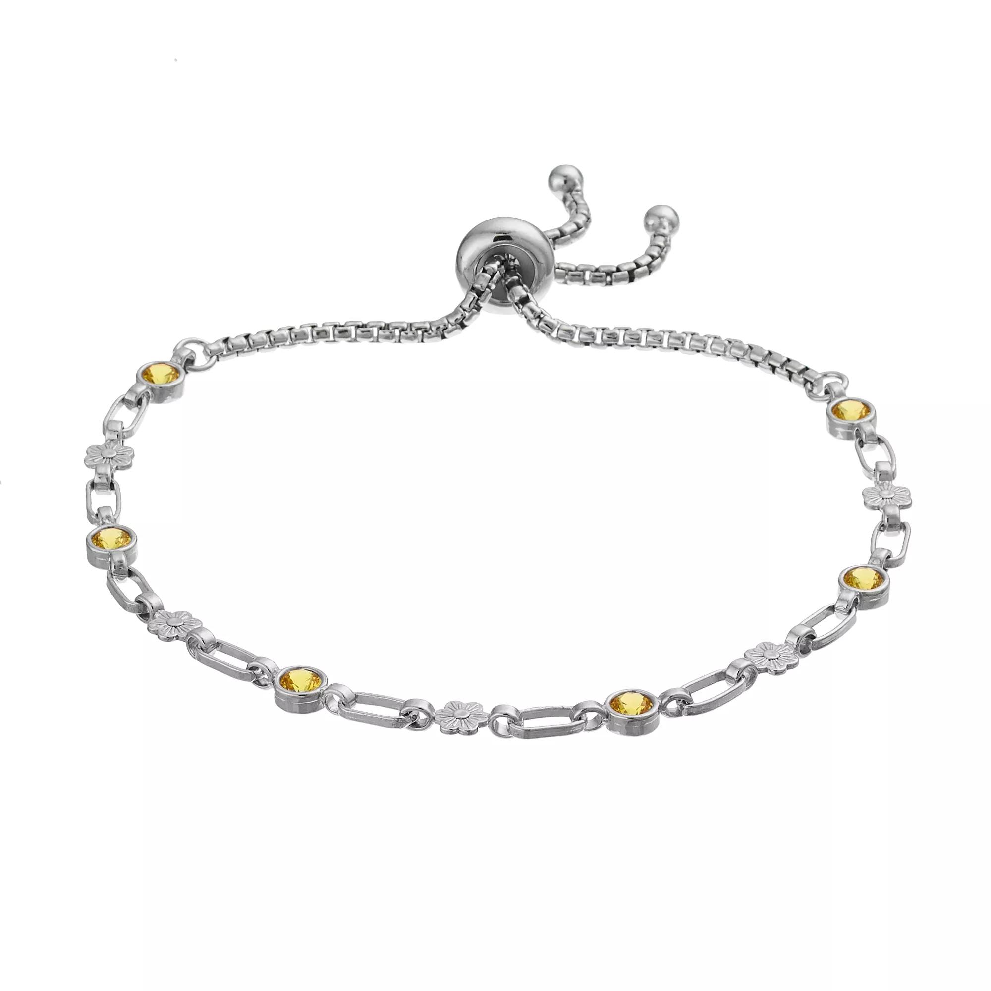 Kristen Kesho Sterling Silver Lab-Created Yellow Sapphire & Flower Link Adjustable Bolo Bracelet, Women's, Size: 9.50, Gold Tone Product Image