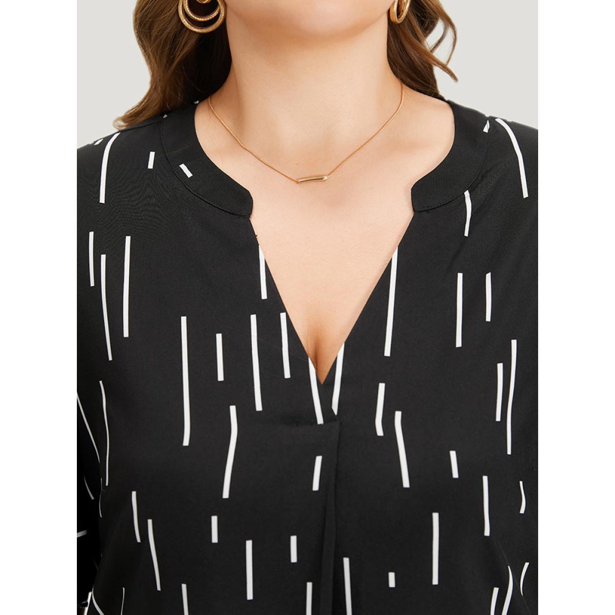 Plus Size Line Print Notched Bell Sleeve Ruffle Hem Dress Black Women Office Plain Notched collar Half Sleeve Curvy Midi Dress BloomChic 18-20/2X Product Image