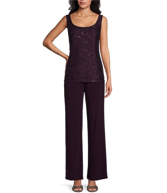 R & M Richards Sequin Glitter Scalloped Lace Scoop Neck 3/4 Sleeve 3-Piece Duster Pant Set Product Image