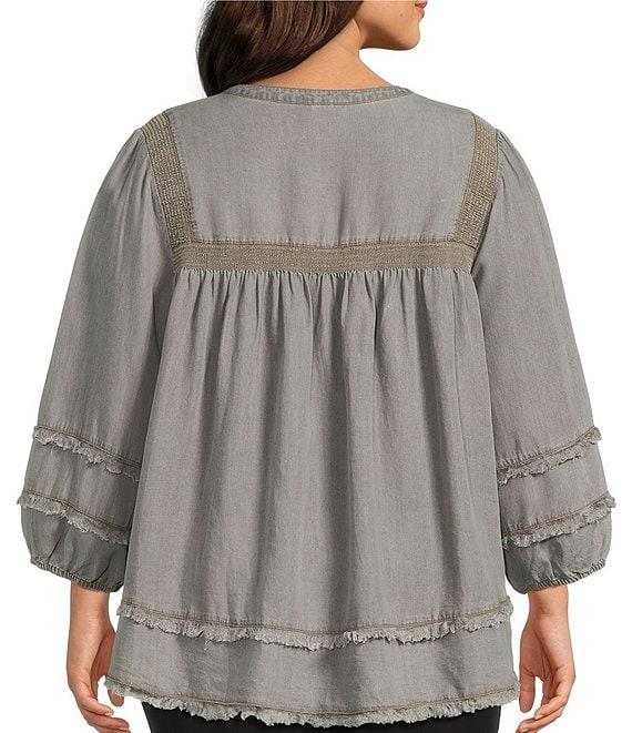 Multiples Plus Size Embroidered Band Collar 3/4 Sleeve Fringe Hem Top Product Image