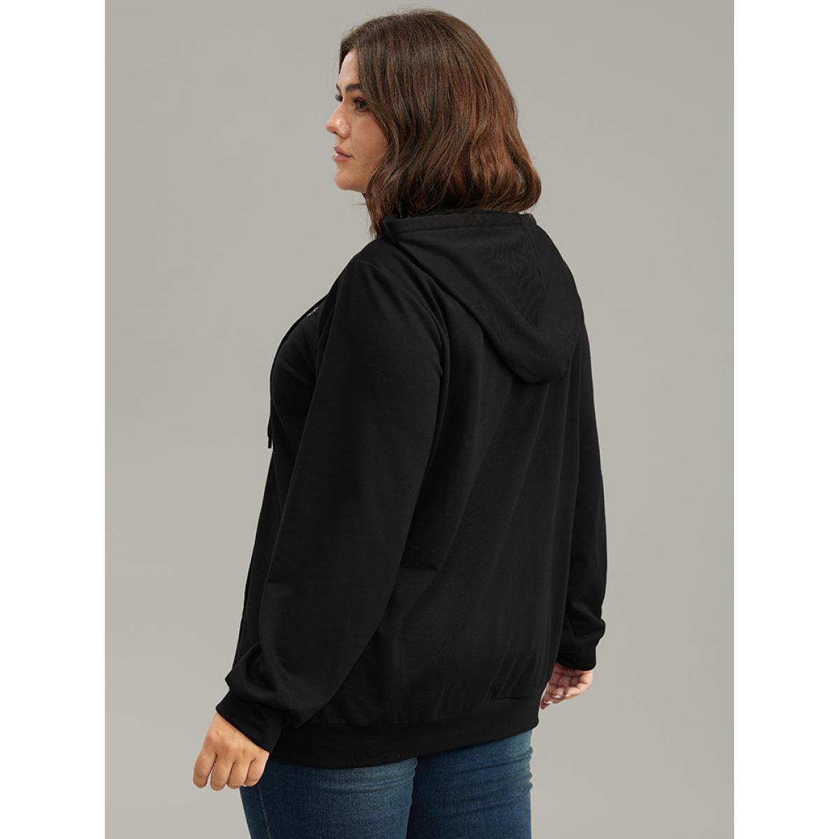 Plus Size Boho Embroidered Pocket Hooded Drawstring Sweatshirt Women Black Casual Embroidered Hooded Dailywear Sweatshirts BloomChic 14-16/1X Product Image