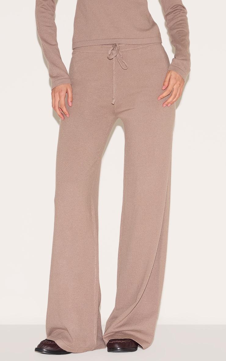 Deep Taupe Soft Knit Drawstring Waist Wide Leg Pants Product Image