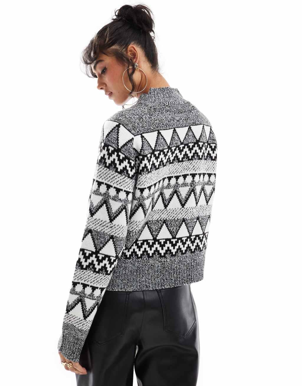 Brave Soul high neck fairisle sweater in black, gray and white  Product Image