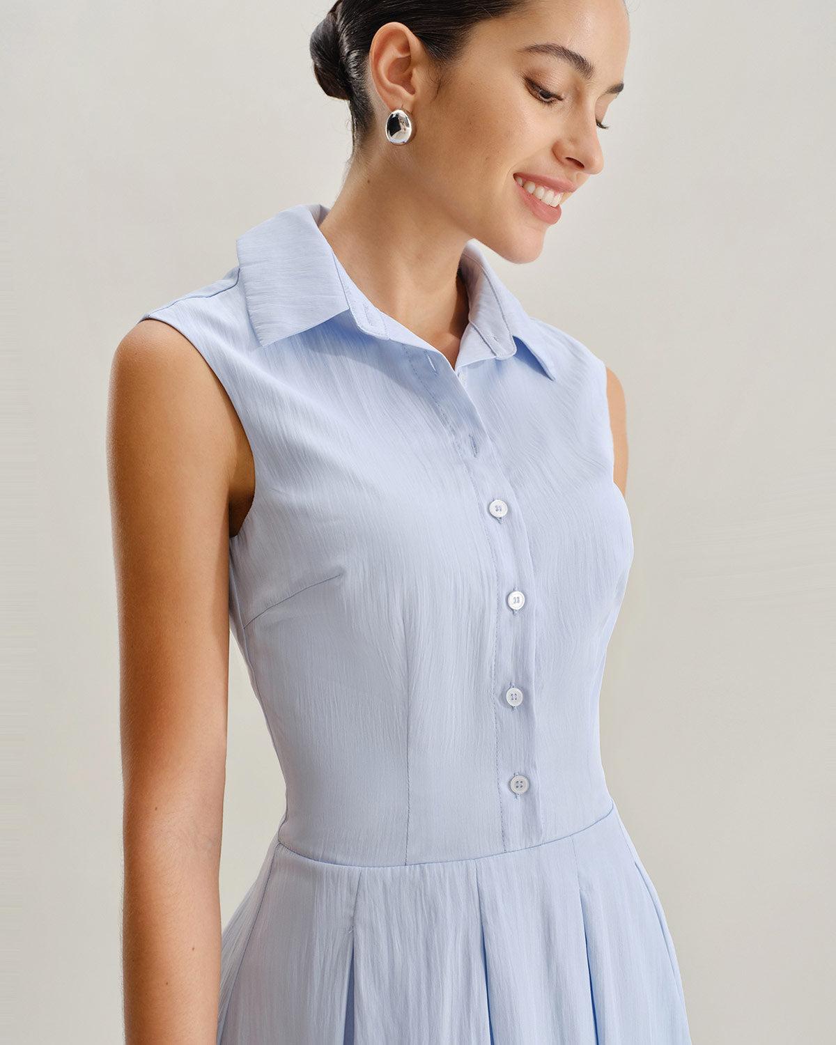 Blue Button A-Line Sleeveless Mini Dress Product Image