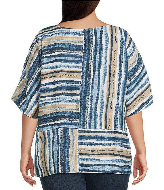 Ali Miles Plus Size Woven Linen Blend Abstract Stripe Round Neck Elbow Sleeve Sharkbite Hem Tunic Product Image