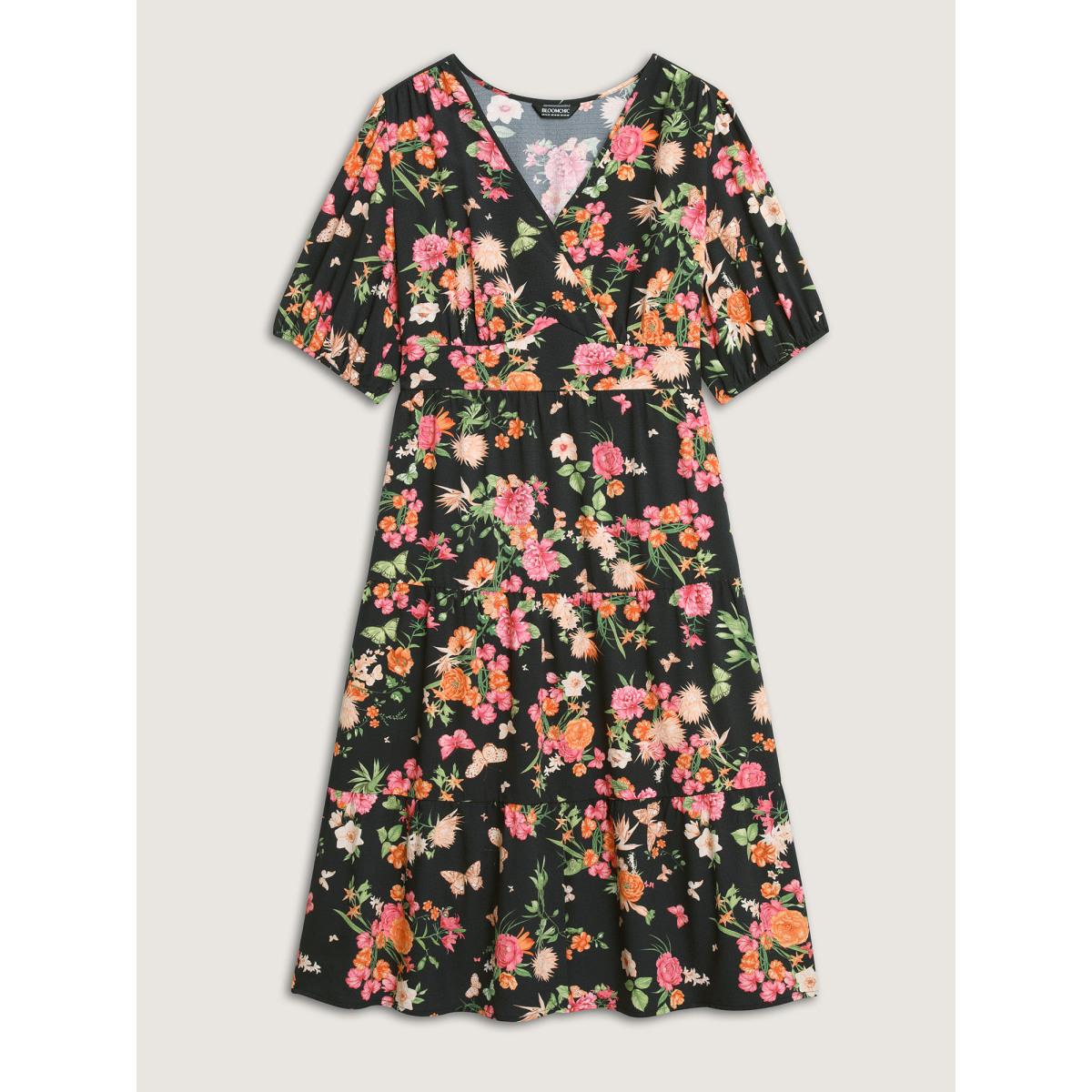 Plus Size Sweet Floral Print Puff Sleeve Midi Dress Black Women Non Short sleeve Curvy BloomChic 28/5X Product Image