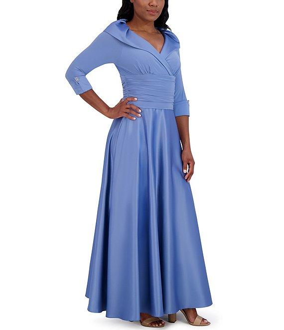 Jessica Howard Portrait Collar V-Neck 3/4 Sleeve Rhinestone Cuff Ruched Waist Satin Gown Product Image