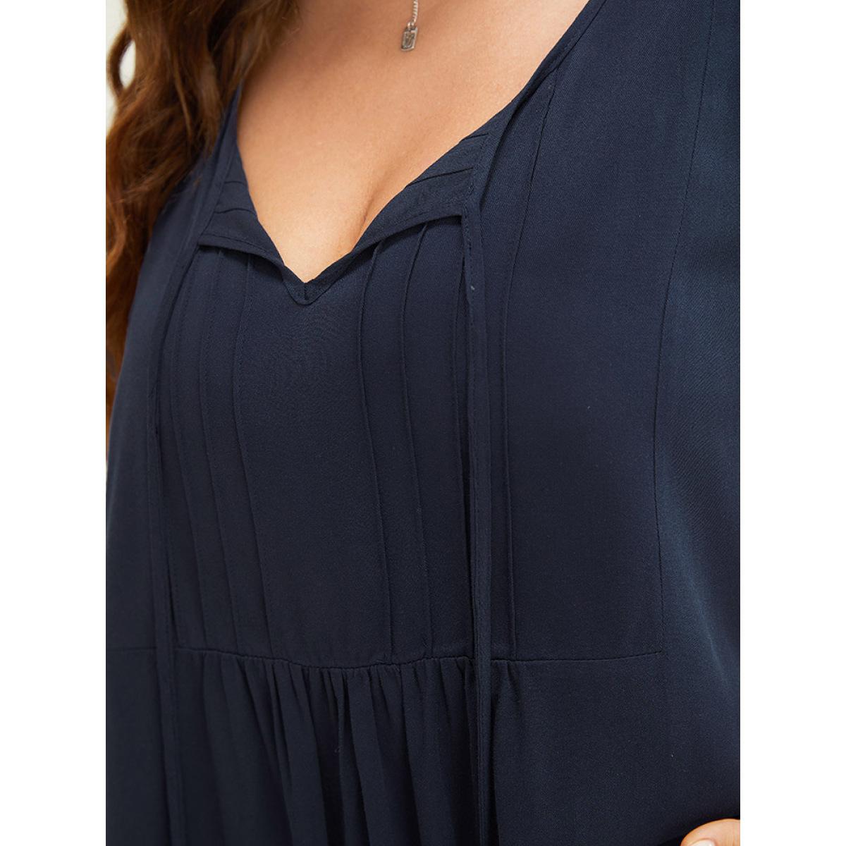 Plus Size Indigo Solid Pleated Detail Tie Neck Ruffle Blouse Women Office Short sleeve Tie Neck Dailywear Blouses BloomChic 10/M Product Image