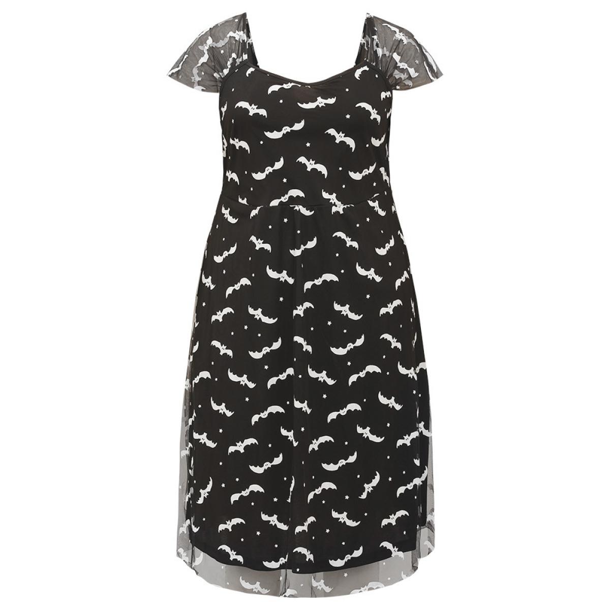 Plus Size Halloween Bat Print Mesh Square Neck Dress Black Women Glamour See through Square Neck Sleeveless Curvy Midi Dress BloomChic 22-24/3X Product Image
