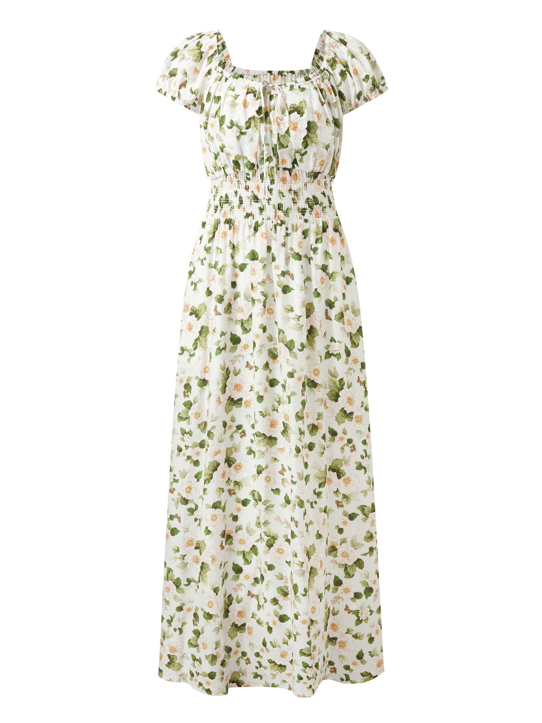 Acetate Blend Floral Print Adjustable Drawstring Neckline Women Maxi Dress Product Image