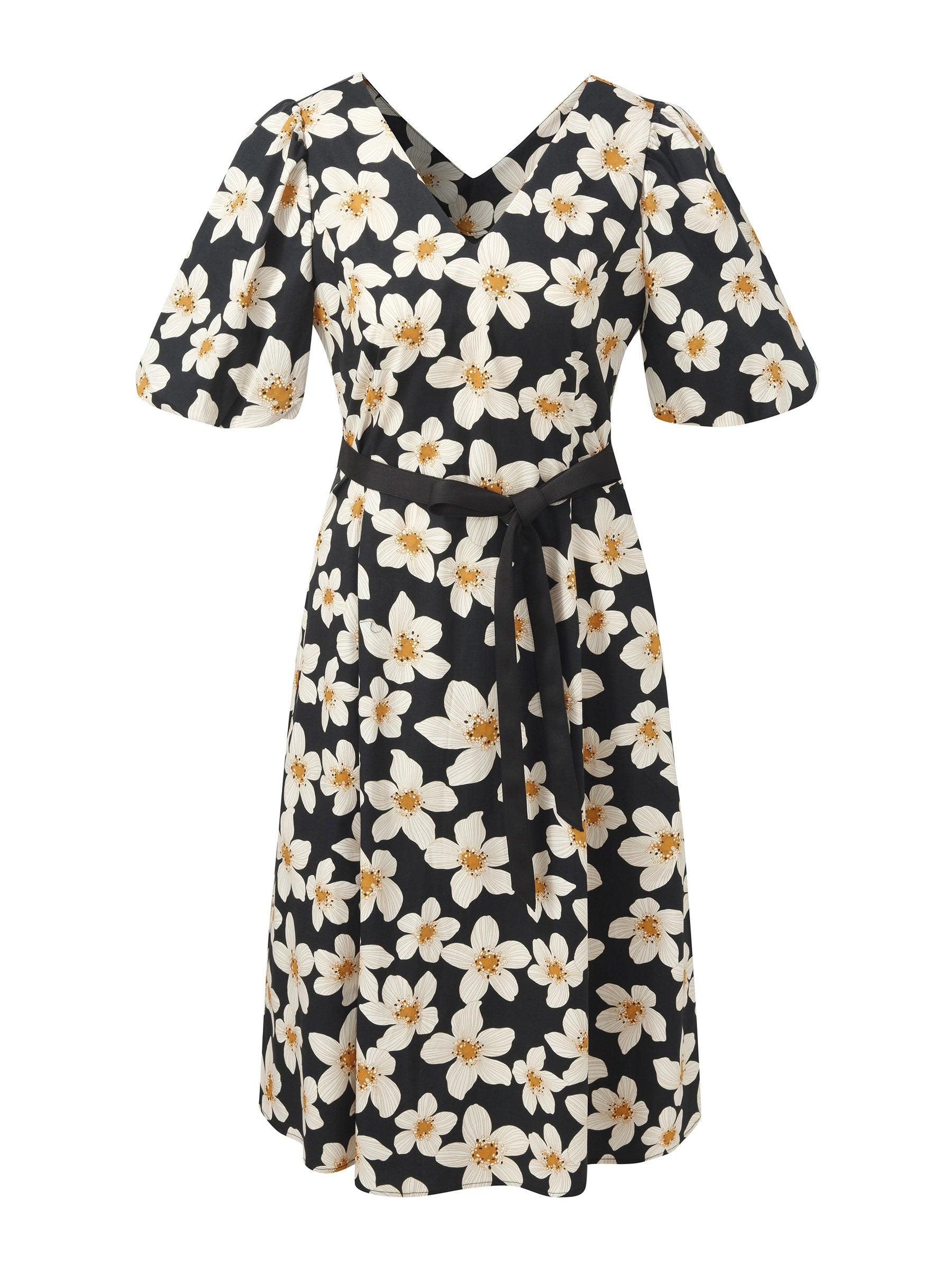 Cotton Stretch Floral Print Women Tie Belt Midi Dress Product Image