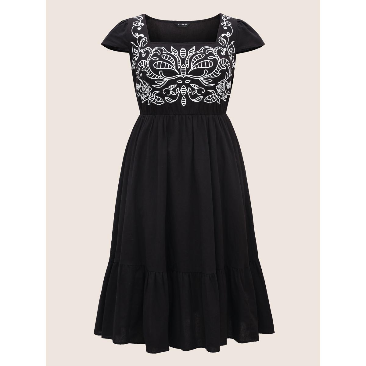 Plus Size Square Neck Bandana Print Cap Sleeve Dress Black Women Resort Ruffles Square Neck Cap Sleeve Curvy BloomChic 22-24/3X Product Image