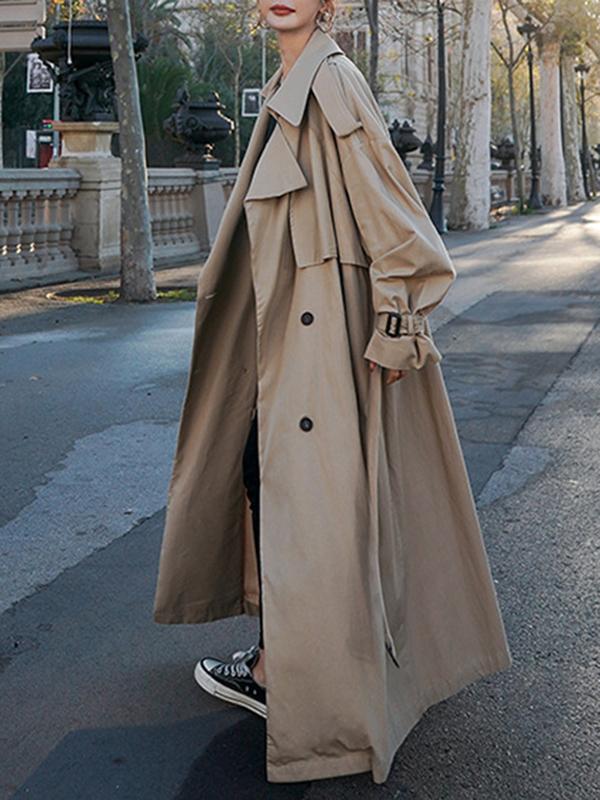 Long Sleeves Loose Buckle Buttoned Split-Back Tied Waist Lapel Outerwear Trench Coats Product Image