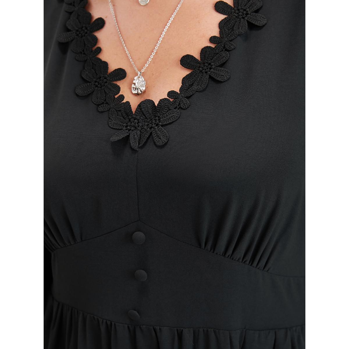 Plus Size Solid Lace Patch Lantern Sleeve Pocket Button Ruffle Hem Dress Black Women Elegant Patchwork V-neck Long Sleeve Curvy Midi Dress BloomChic 12/L Product Image