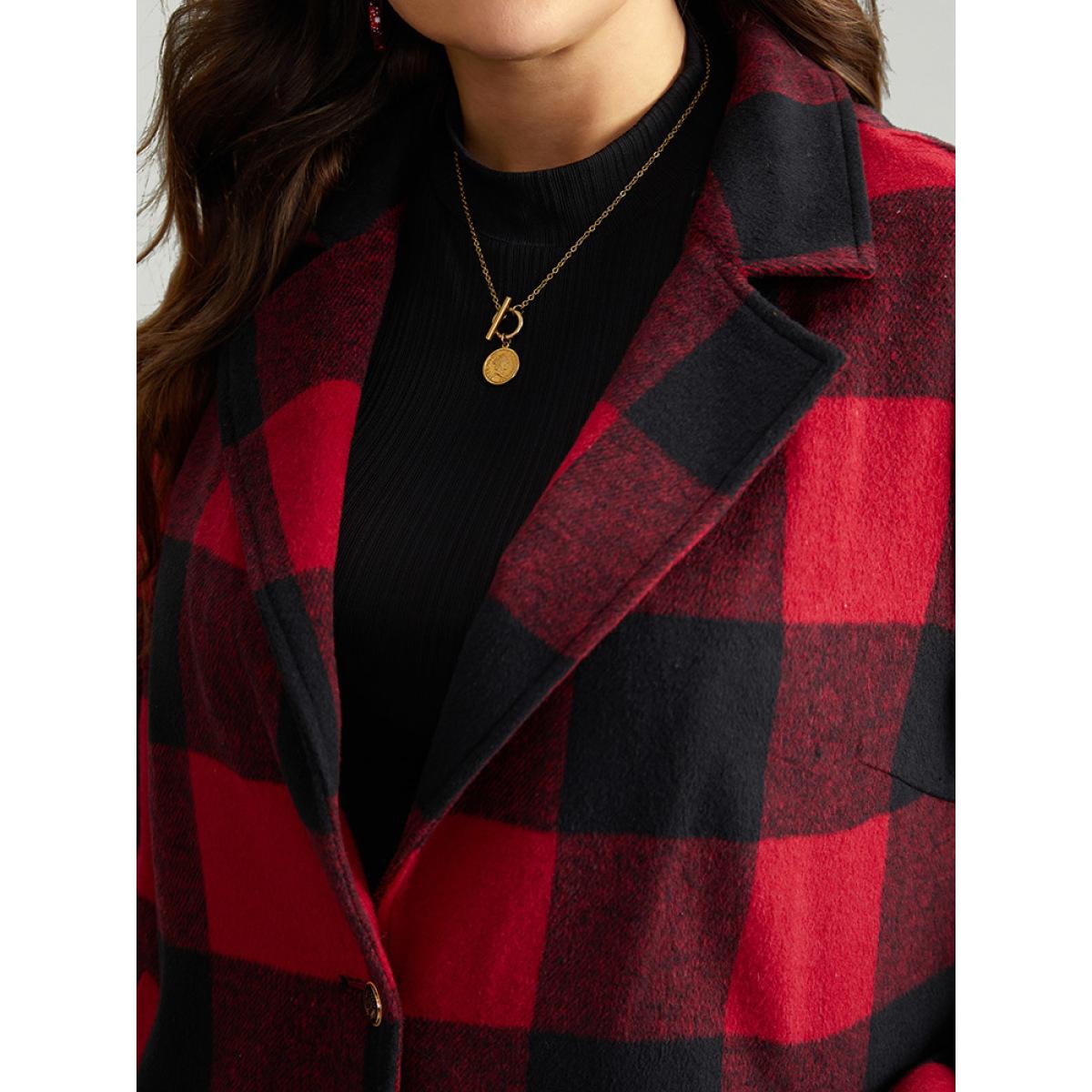 Plus Size Plaid Print Button Down Pocket Tunic Coat Women Crimson Casual Contrast Ladies Dailywear Winter Coats BloomChic 30/6X Product Image