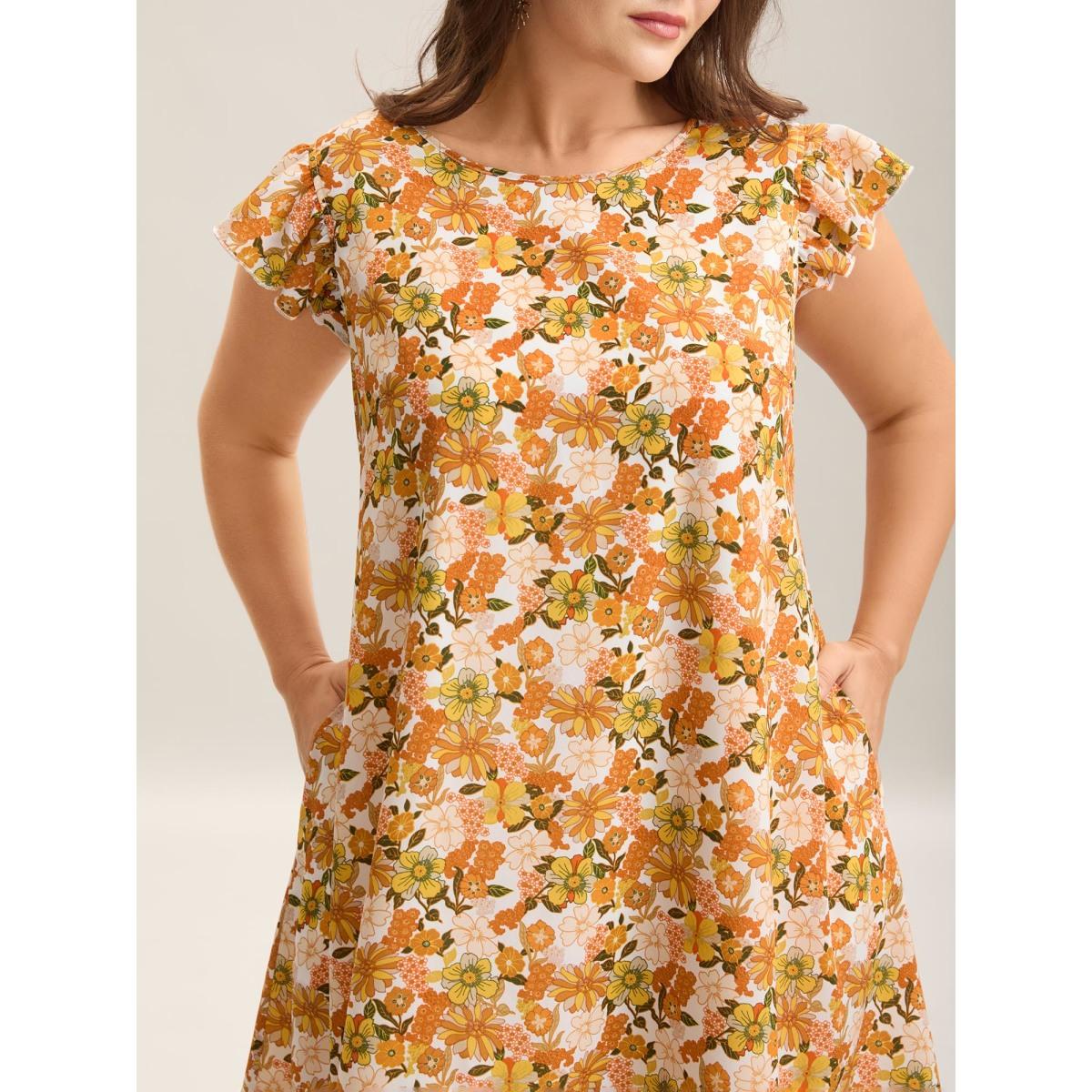 Plus Size Sunkissed Floral Print Flutter Sleeve Midi Dress Brightorange Women Leisure Round Neck Cap Sleeve Curvy BloomChic 22-24/3X Product Image