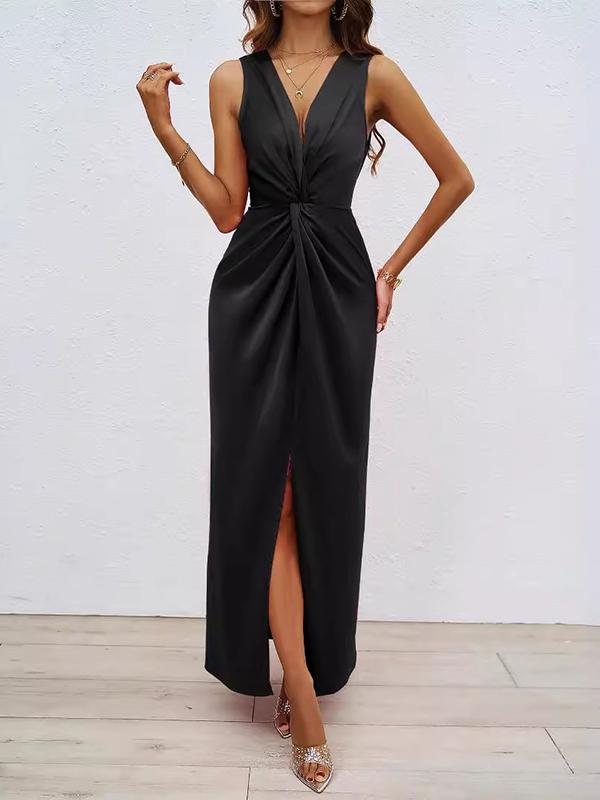 Bodycon High Waisted Elasticity Knot Solid Color Split-Front Split-Joint Zipper V-Neck Maxi Dresses Product Image