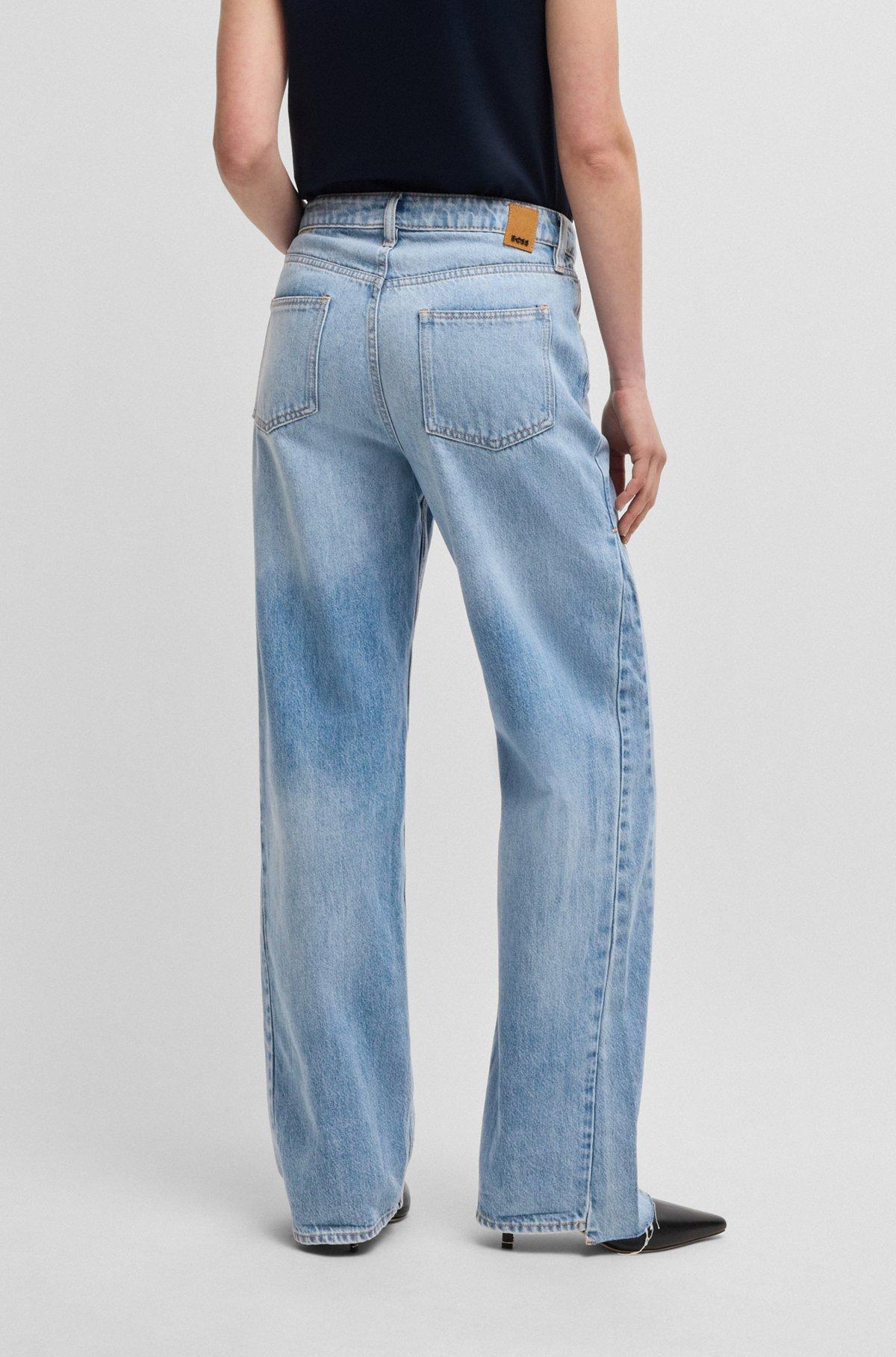 Wide-leg jeans in blue denim with stepped hem Product Image