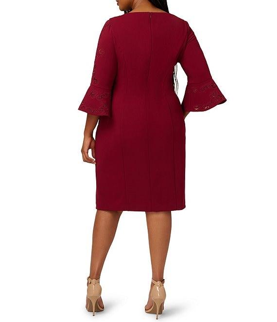 Adrianna Papell Plus Size Novelty Knit 3/4 Bell Sleeve Crepe Sheath Dress Product Image